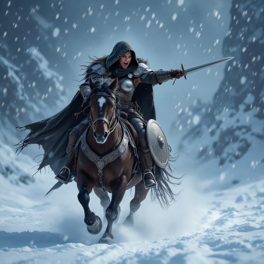 Warrior Woman Rides Horse Through Ice Storm