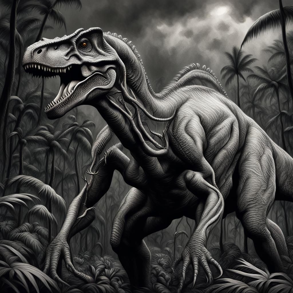 Menacing Silver Grey Dinosaur in Charcoal Drawing Style