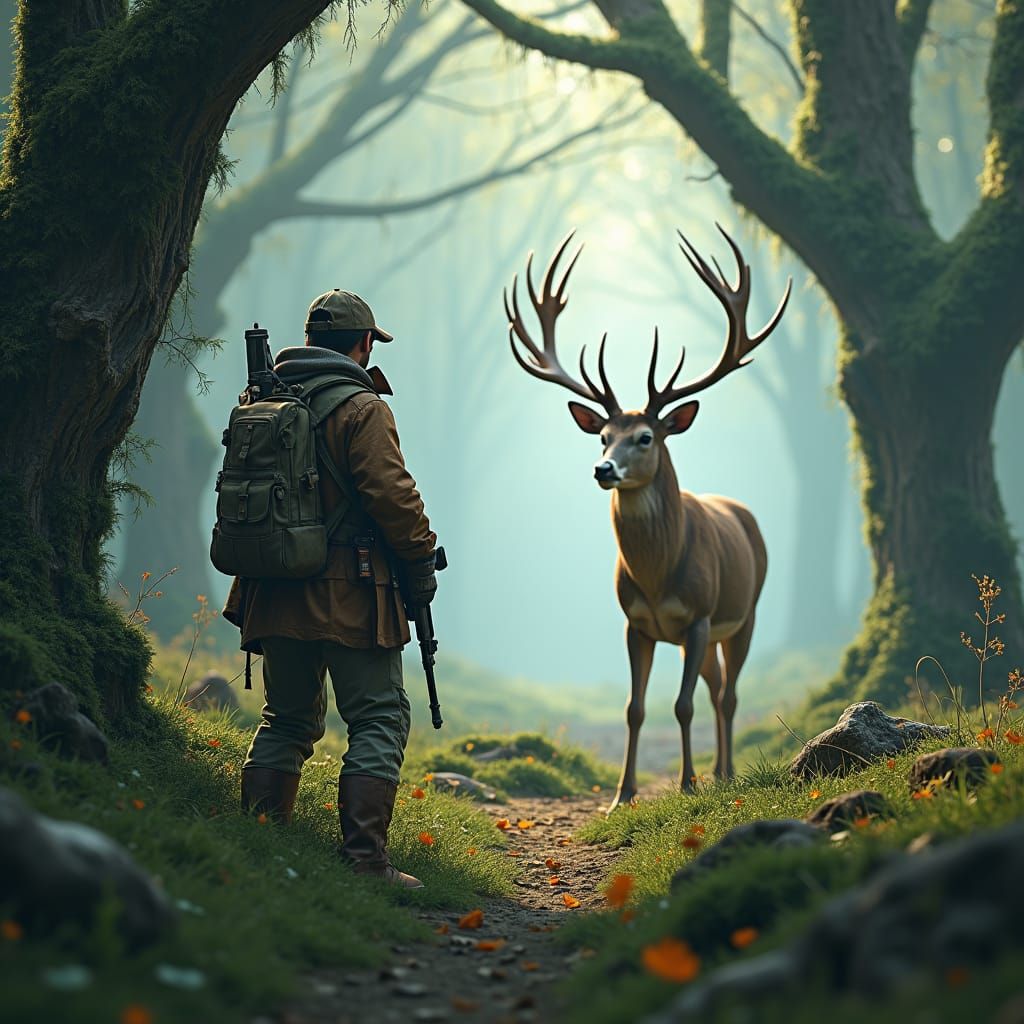 Hunter and Deer in Forest, Realistic Style