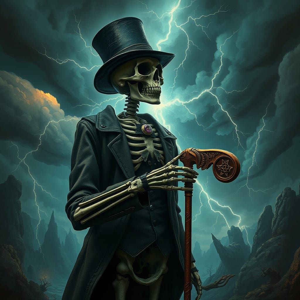 Gothic Skeleton in Tempestuous Victorian Landscape