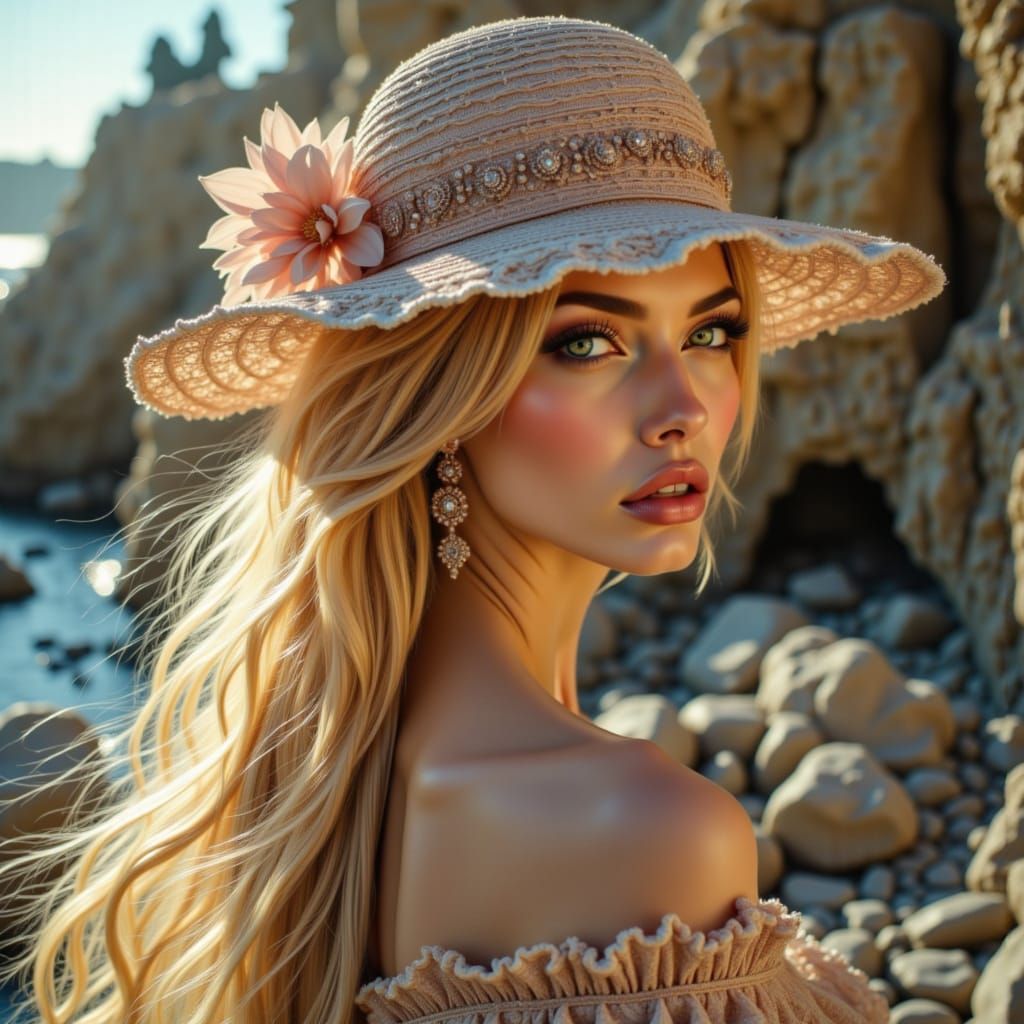 Woman on Beach in Corseted Gown, Romantic Oil Painting