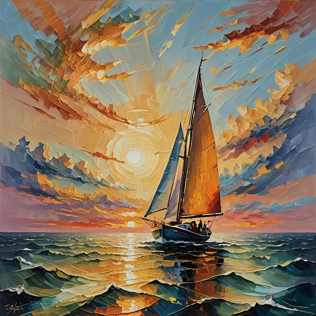 Sailboat at Sunset in Abstract Expressionist Style