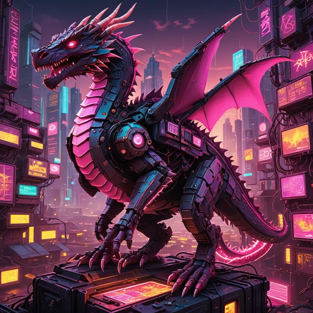 Futuristic Dragon in Cyberpunk Pixel Art City