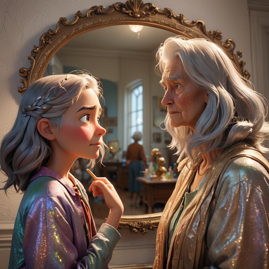 Girl and Elderly Reflection, Pixar-Style Digital Art