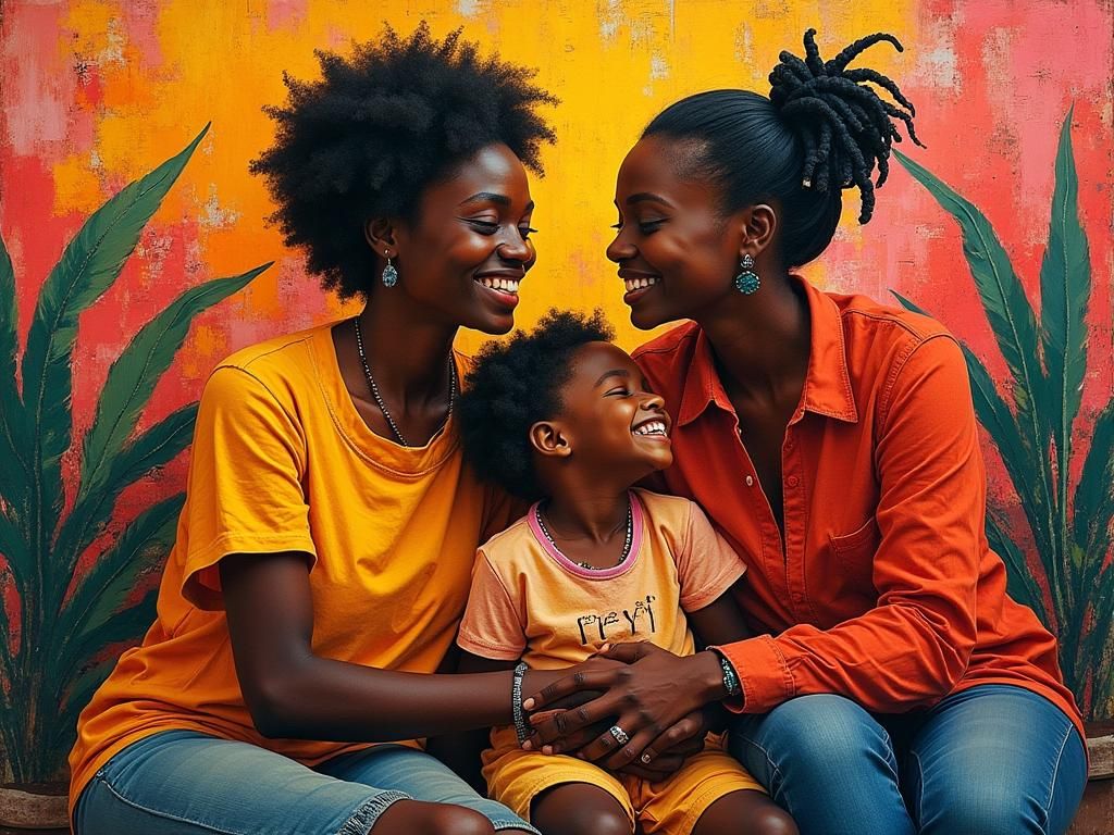 Happy Black Family Portrait in Encaustic Style