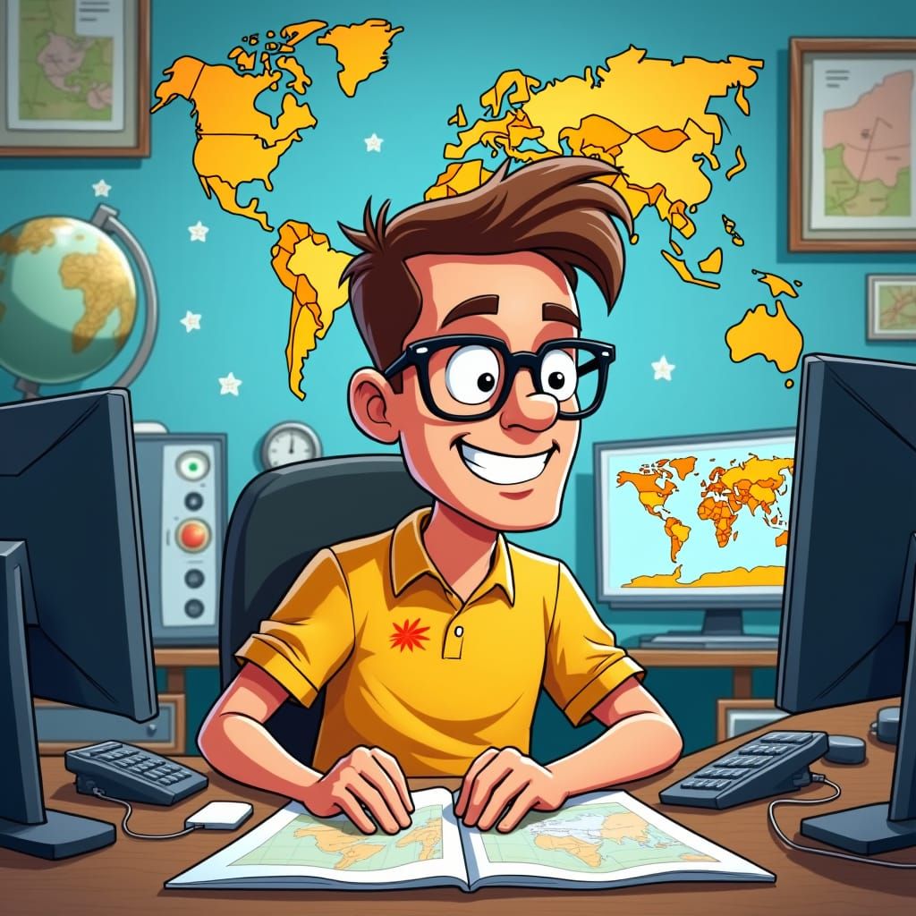 Cartoon GIS Specialist in Whimsical Style