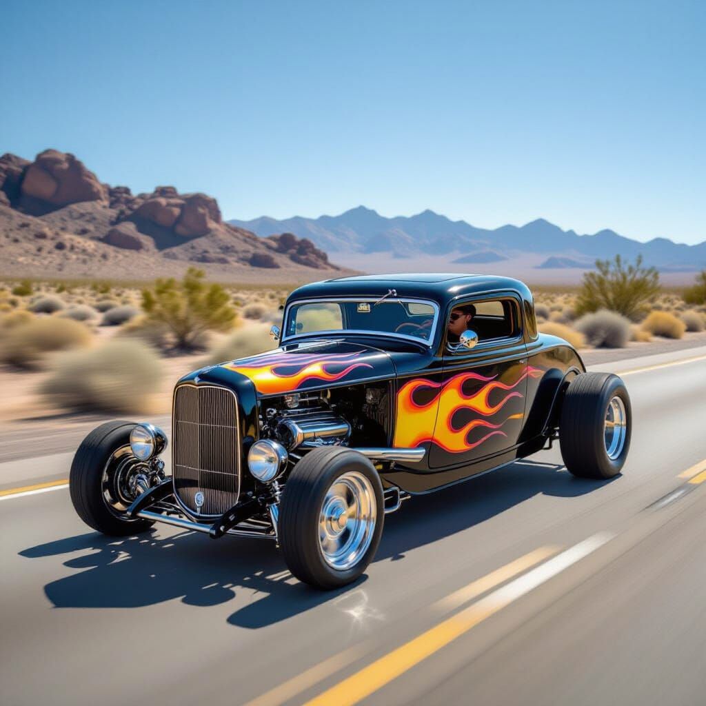 Hot Rod Flames on Desert Highway in Impressionist Style
