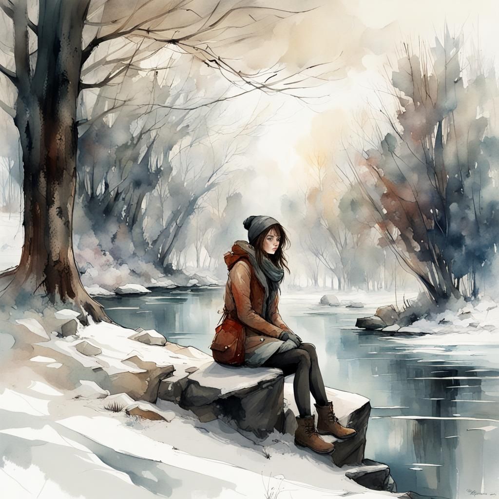 Winter River Scene with Girl in Watercolour Style