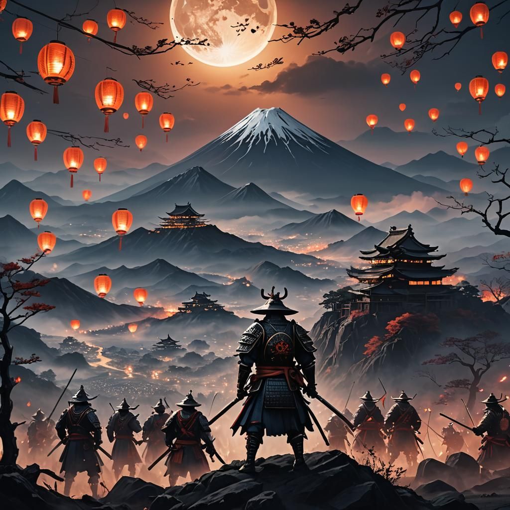 Feudal Shogun Surveys Battlefield in Moonlight