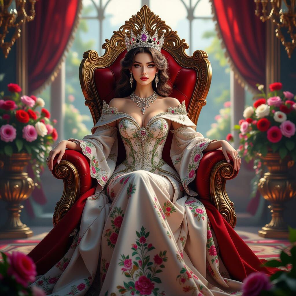 Regal Queen on Throne, Vibrant Flowers, Hyperrealistic Digit...