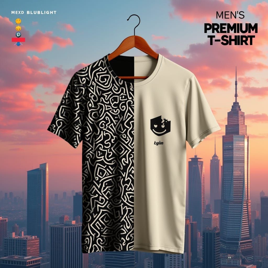 Premium Men's T-Shirt Ad in Futuristic Cityscape