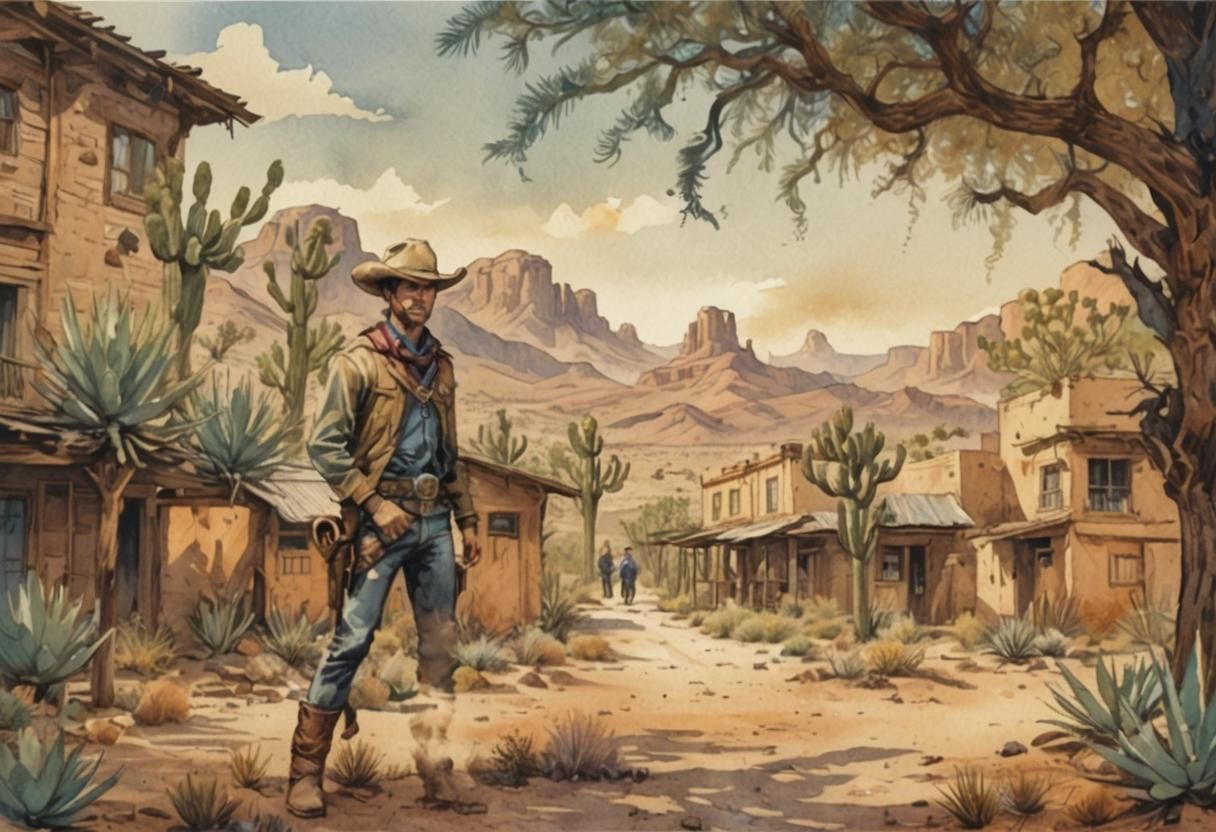 Lone Cowboy in Wild West Village as Comic Book Art