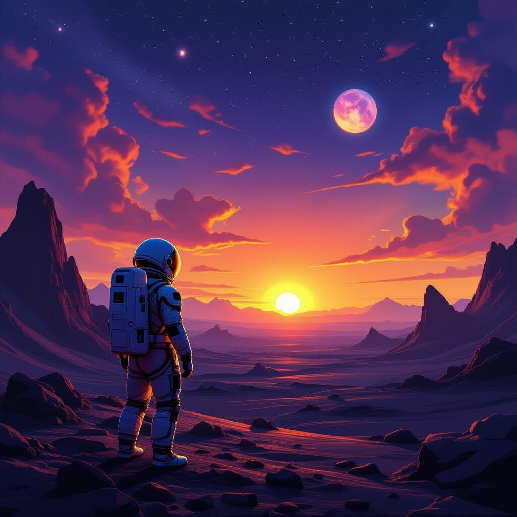 Astronaut Gazes at Binary Sunset on Volcanic Alien World