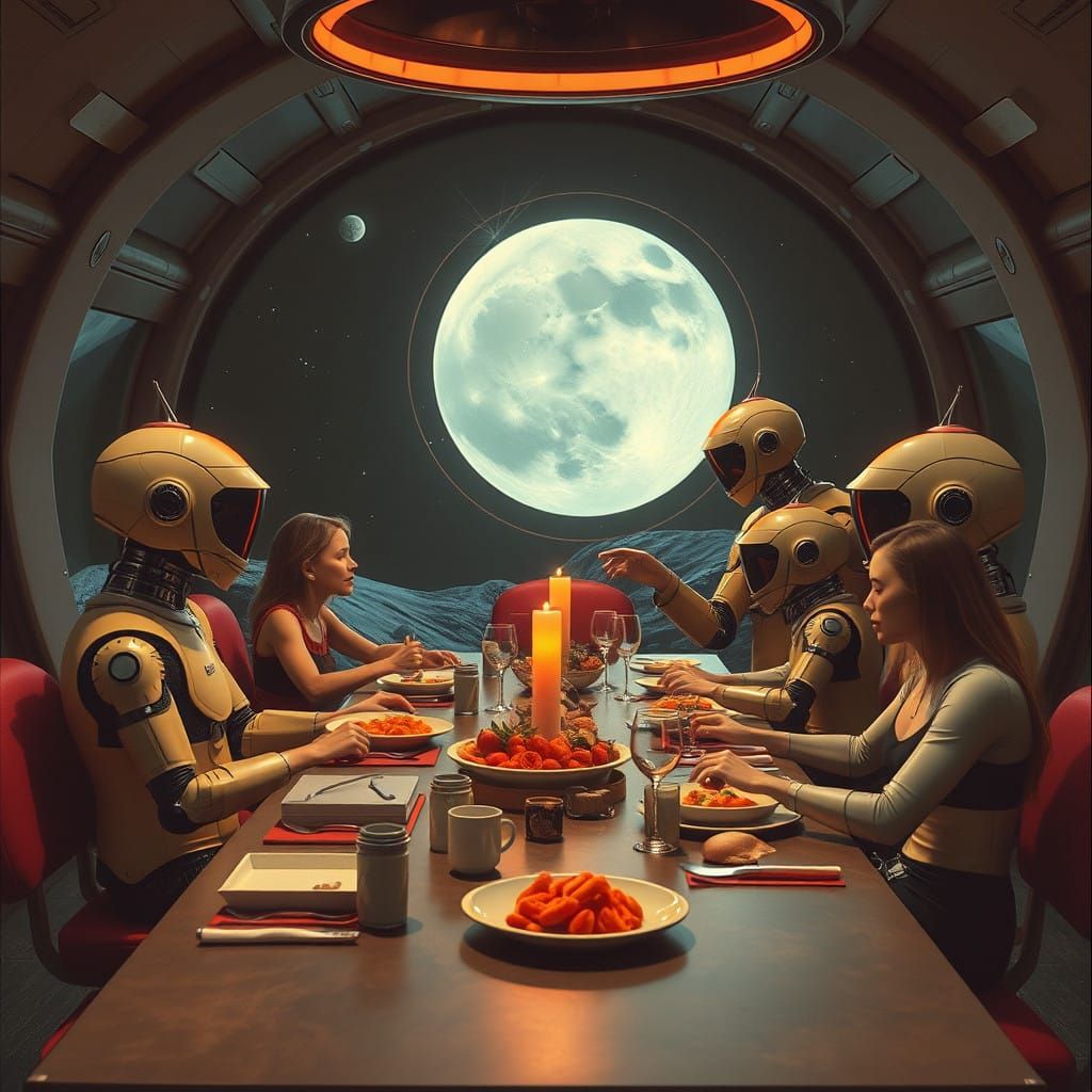 Retro Futuristic Family Dinner on a Moon Station in a Futuri...