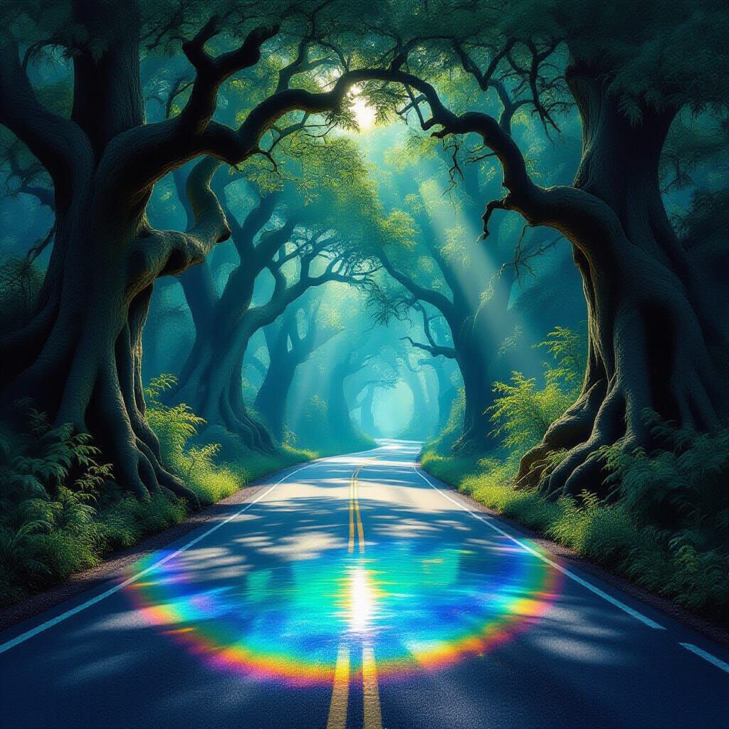 Enchanting Forest Road Painting with Rainbow River