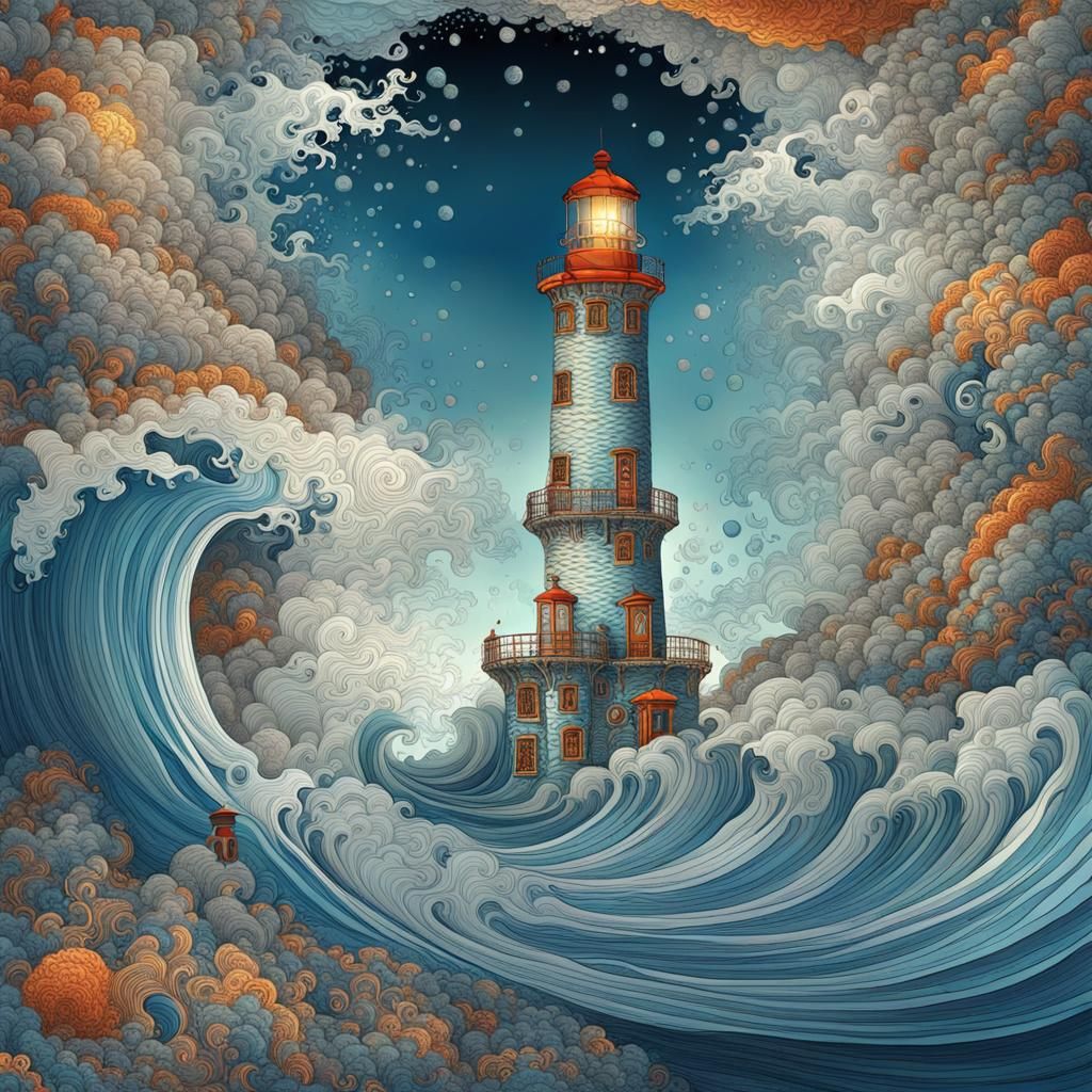Lighthouse in Raging Sea: Enamel Illustration