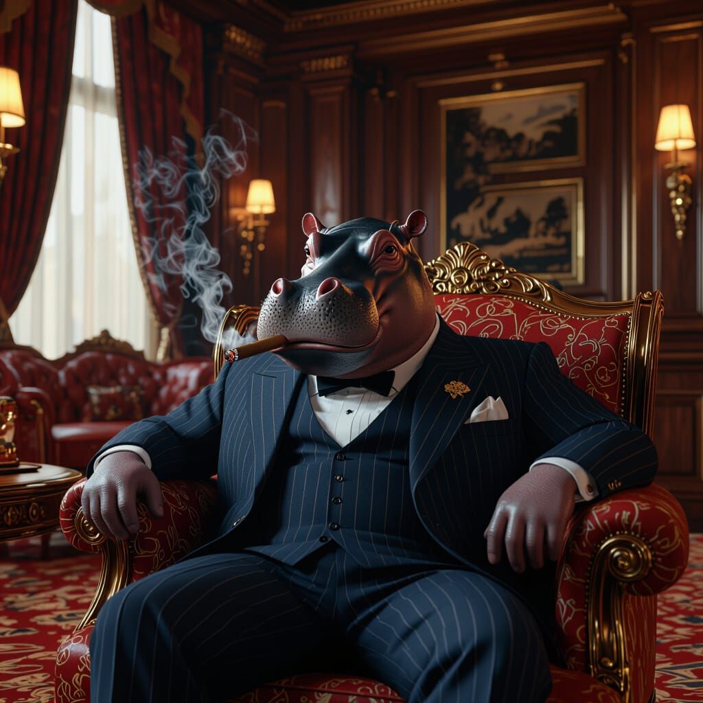 Hippo in Zoot Suit in Luxurious Hotel