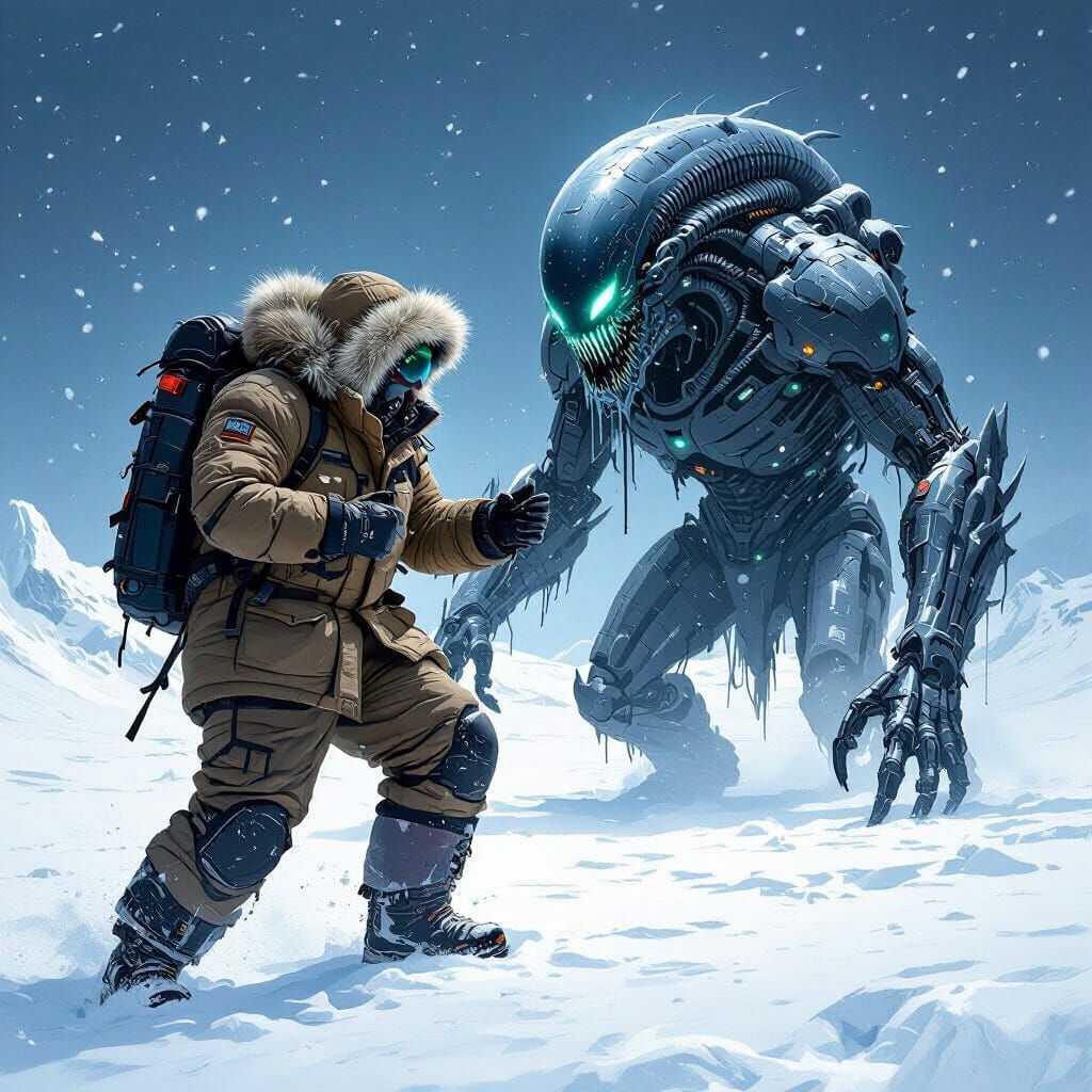 Explorer vs. Icy Creature in a Surreal Landscape