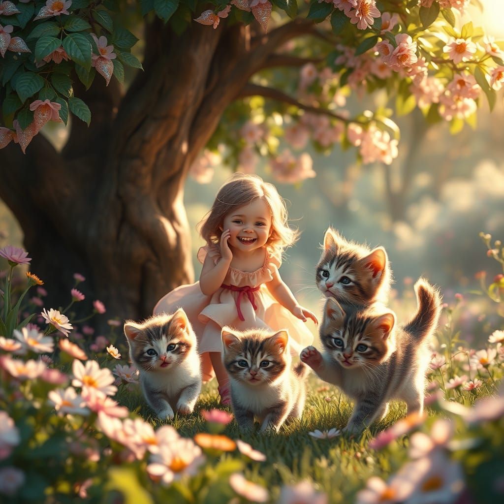 Whimsical Garden Scene with Joyful Girl and Playful Kittens