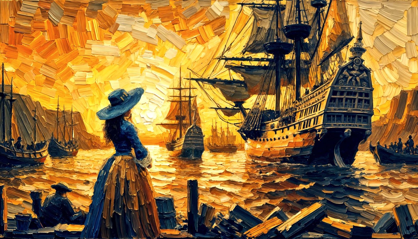 Hispanic Woman at Sunset Harbor in Impasto Style