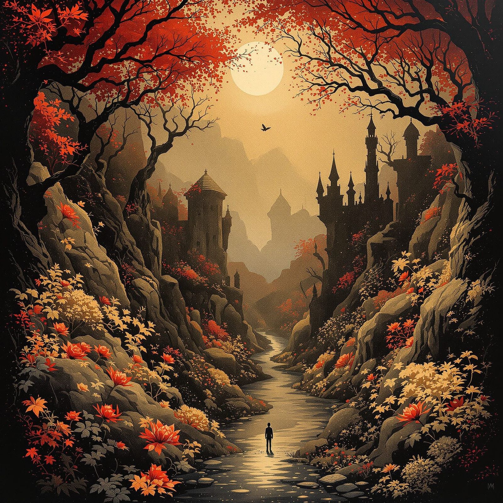 Dreamlike Landscape with Charcoal and Ink