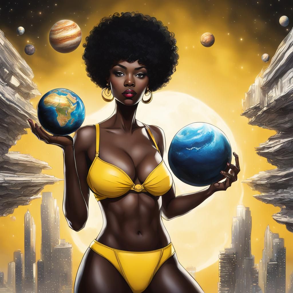 Ebony Giantess Holding Planets