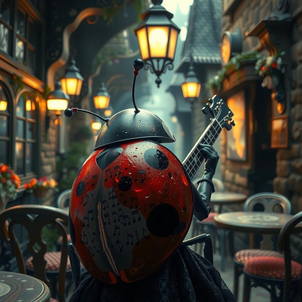 Musical Ladybug Plays Guitar in Medieval Cafe