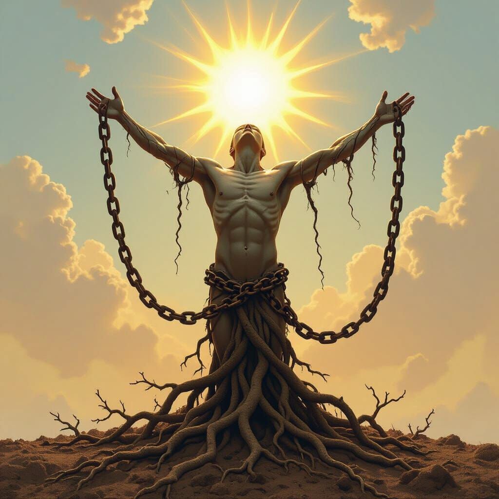 Human Emerges From Earth, Reaching for Sun in Awe