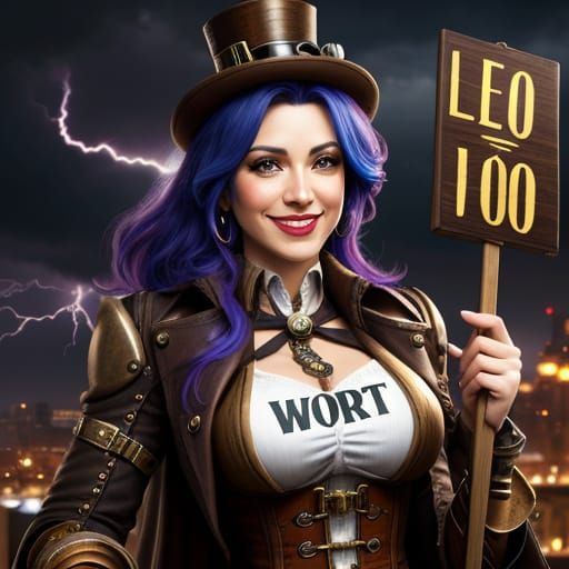 Steampunk Character Celebrates with Congrats Sign