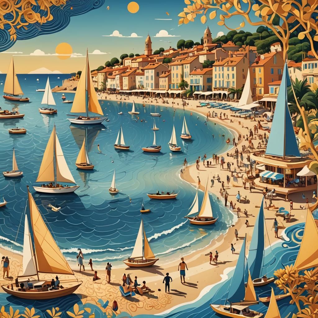 Retro-Futuristic Saint Tropez Travel Poster in Art Deco Styl...