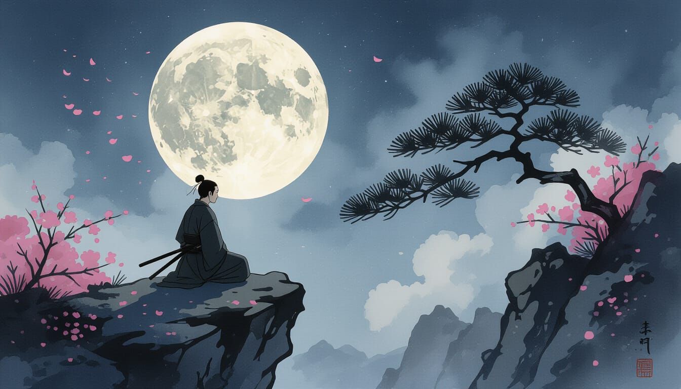 Samurai Contemplation under Moonlight as Gouache Painting