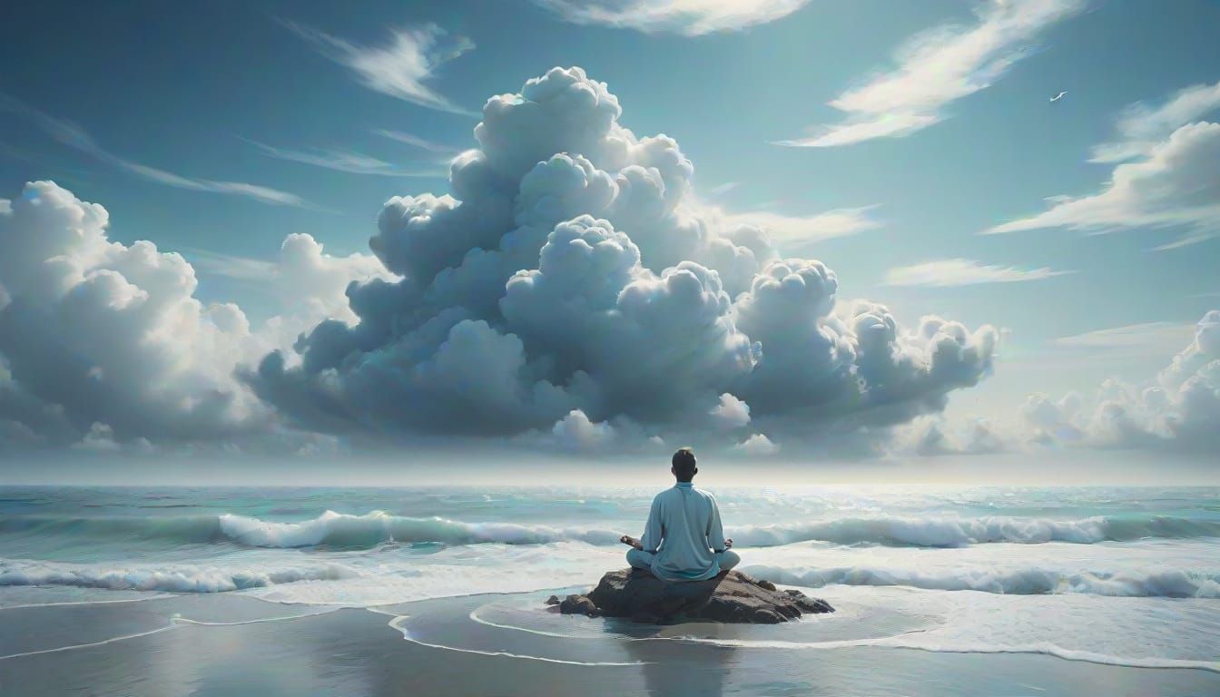 Person Meditating on Cloud by Sea in Ethereal Art Style
