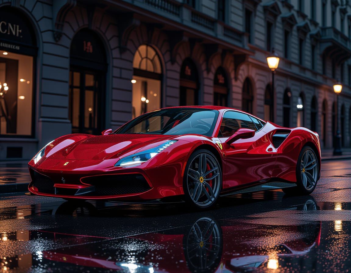 Dark Red Ferrari 296GTB on Wet Milan Street at Dusk