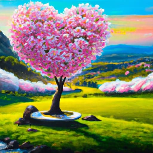 A beautiful heart shaped cherry blossom tree scenery garden oil painting by James Gurney