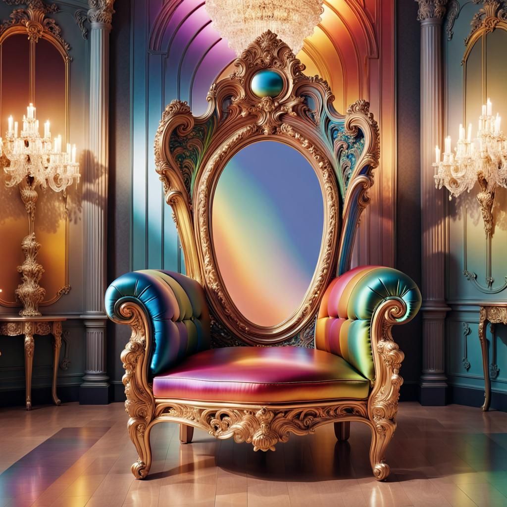 An elegant throne all made of shimmering rainbows. bauhaus b...