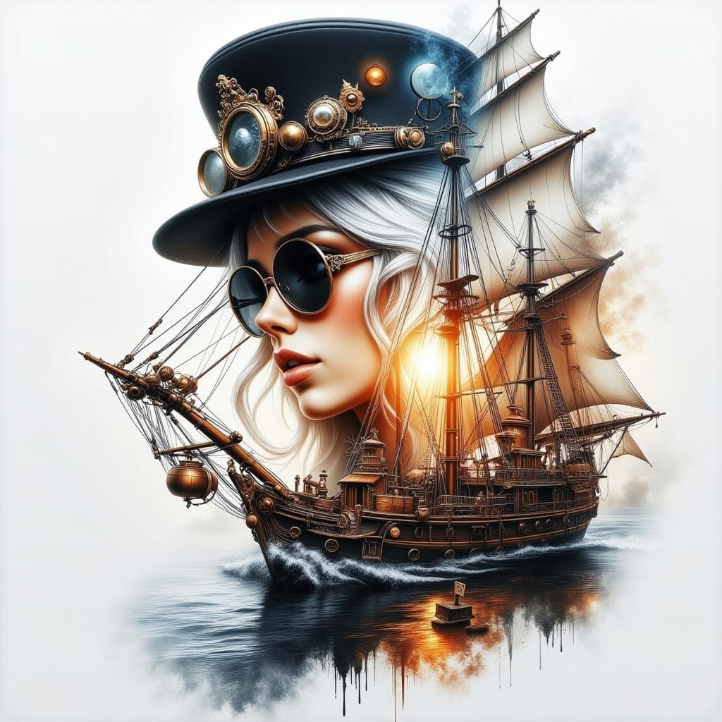 Steampunk Ship Transforms to Captain in Double Exposure Sket...