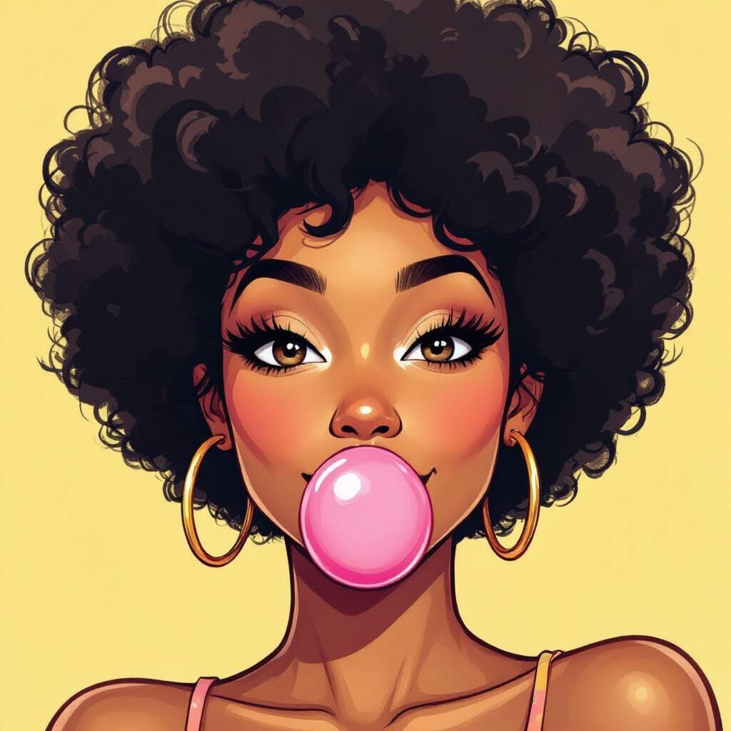 Cartoon Illustration of Woman with Afro Blowing Bubble