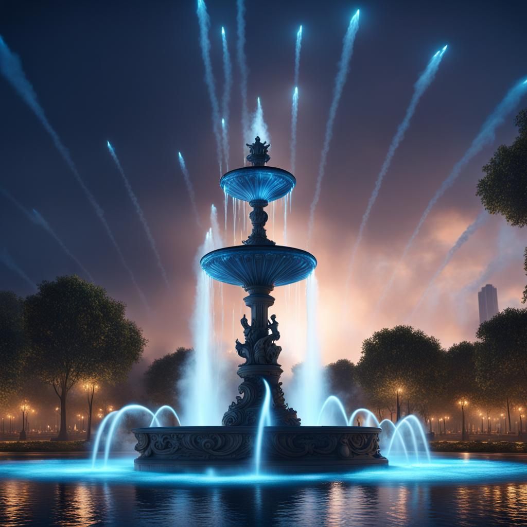 Spectacular Illuminated Fountain at Night in Hyperrealism