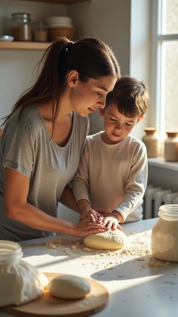 Mother and Son Baking Loaf in Bright Kitchen