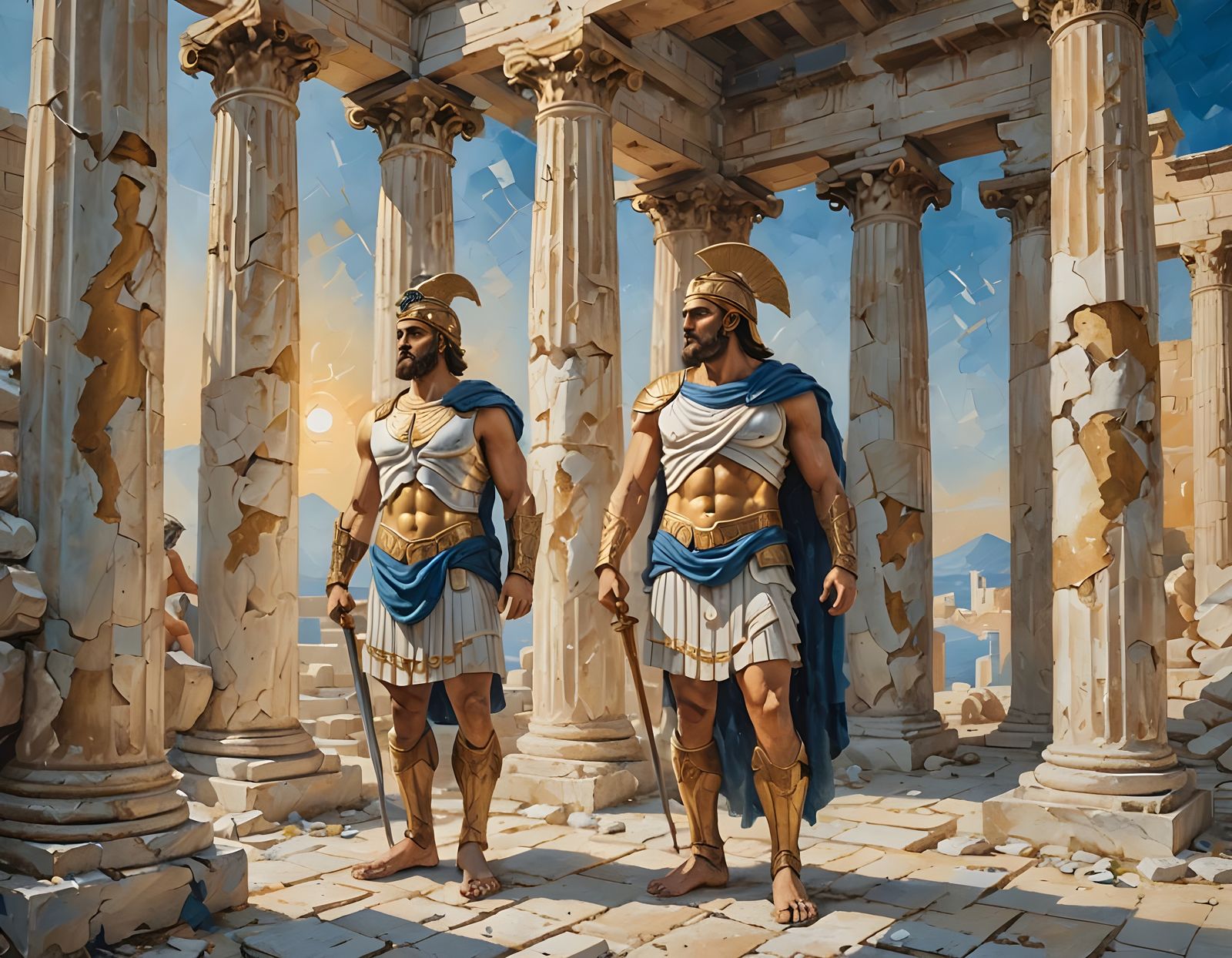 Ancient Greek Warriors in Ruins, Oil Painting