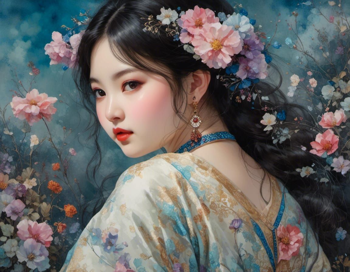 Mongolian Woman with Calligraphy Border in Alcohol Ink