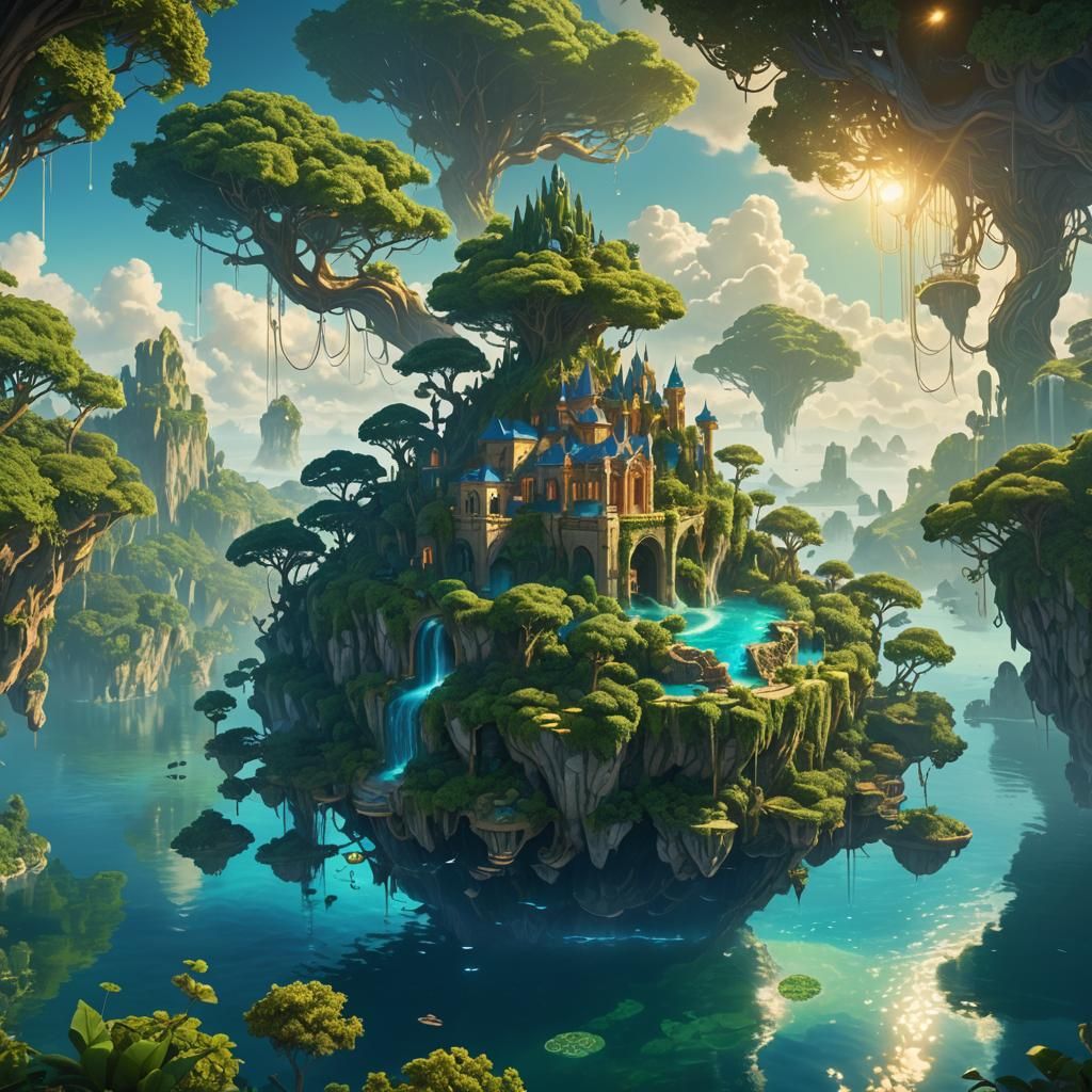 Themyscira: Floating Island in Art Nouveau Style