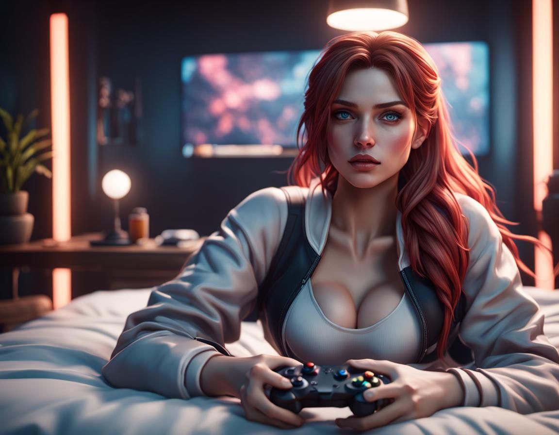 Enticing Girl Plays Video Games: 3D Cinematic Render