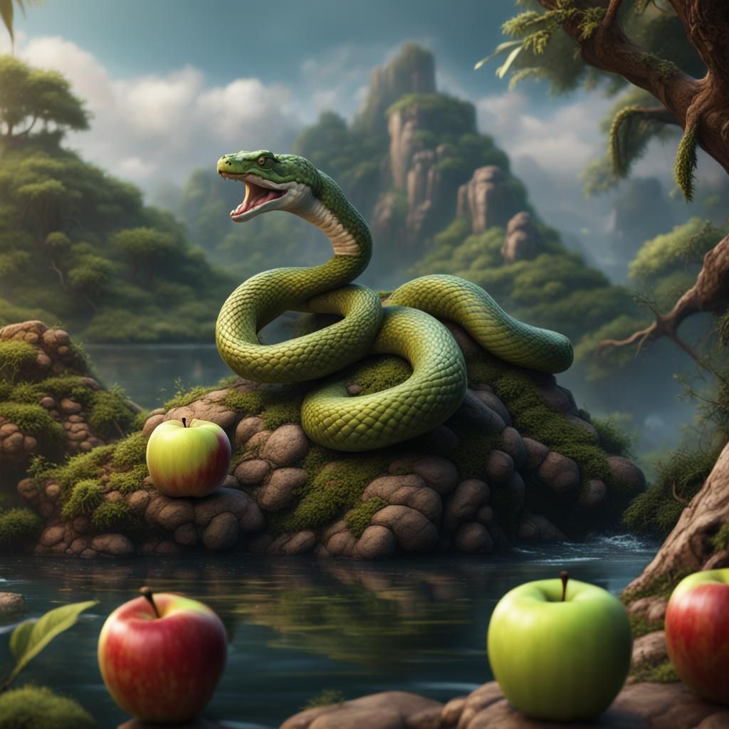 Island Snake Enjoys Apple, Detailed Matte Painting