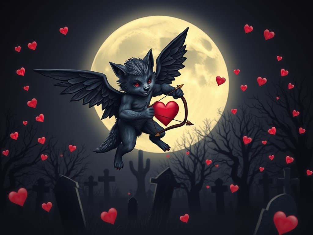 Werewolf Cupid with Black Wings on Halloween Night