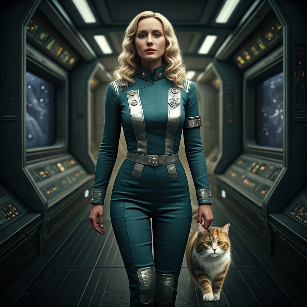 Retrofuturistic Woman with Cat on Spaceship, Photorealistic
