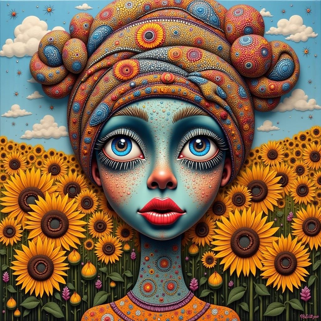 Sunflower Field Portrait in Surreal Folk-Art Style