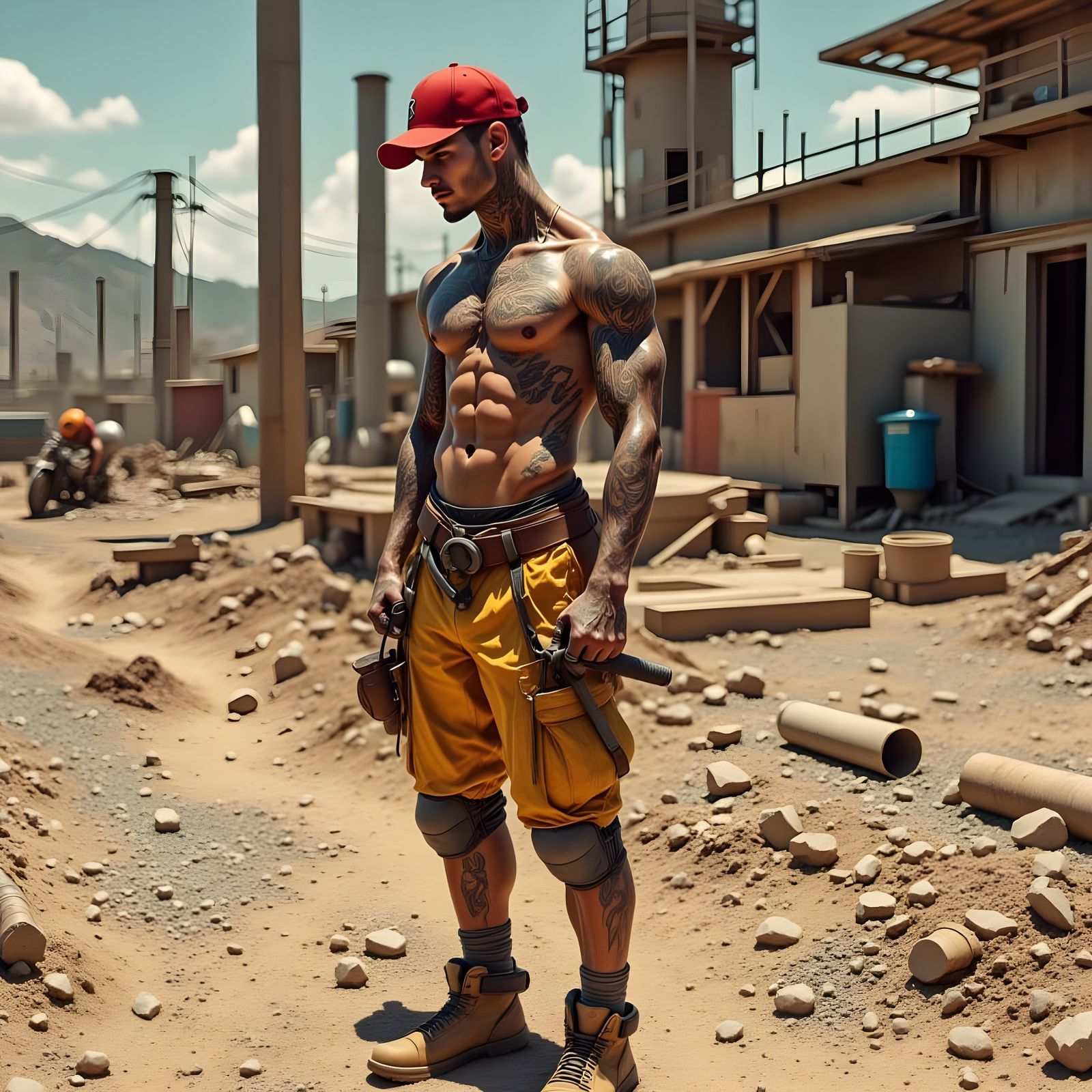 Muscular Construction Worker in Sunny Site