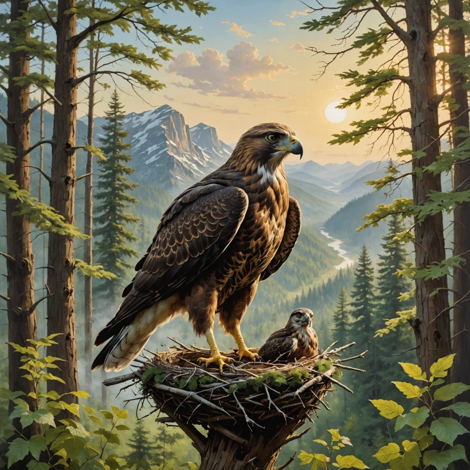 Majestic Hawk perches atop a lush Forest Nest