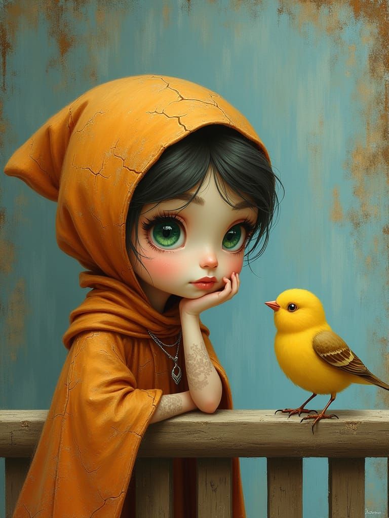 Contemplative Girl with Bird: Nostalgic Illustration